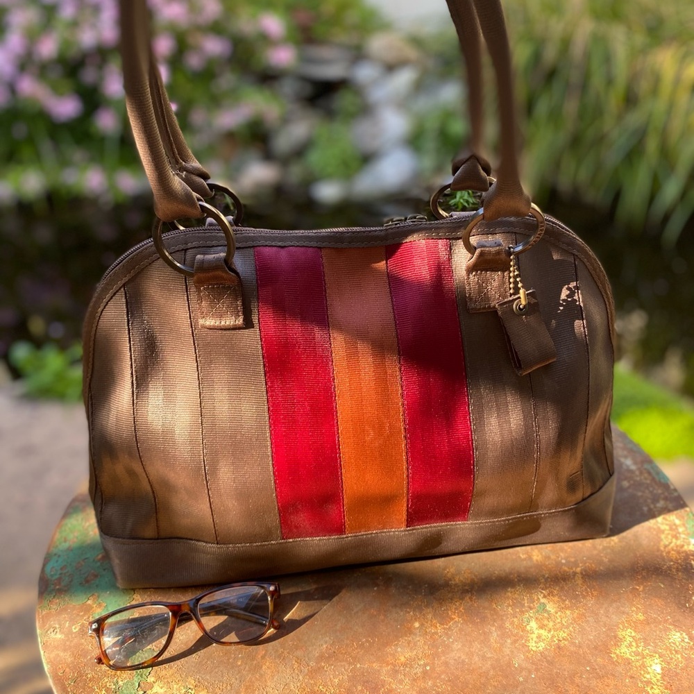 Brown and Red Shoulder Bag with Bold Stripes